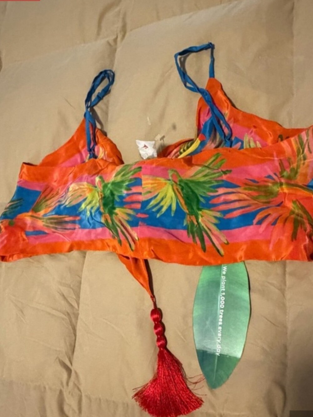 NWT Farm Rio Vibrant Orange Tropical Print Bikini Crop Top with Tassel Large